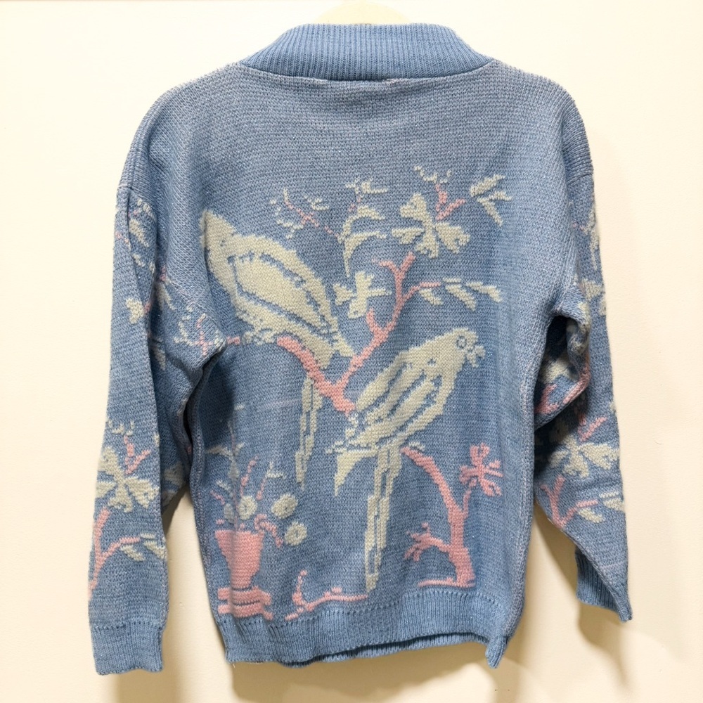 Vtg 80s Light Blue Bird Cherry Blossom Metallic Shimmer Knit Sweater Pastel L/M - Picture 3 of 7